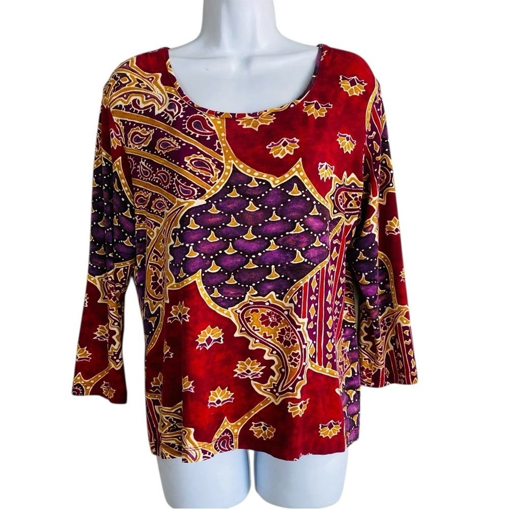 Chico’s Purple Paisley Print Scoop Neck 3/4 Sleeve Top Size M/8